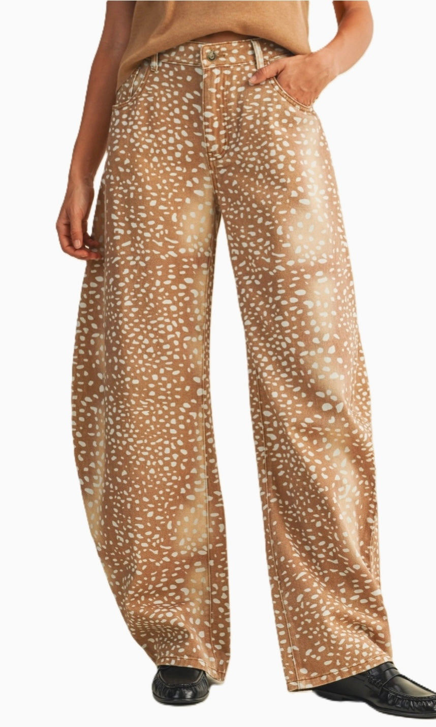 Deer Print Loose Fit Barrel Denim Jeans