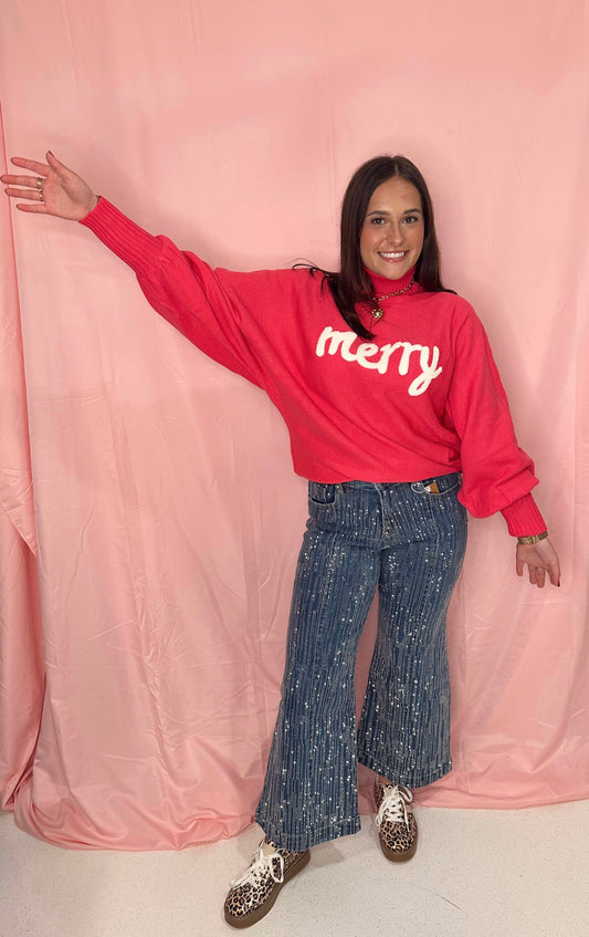 Slouchy Cozy Merry Christmas Turtleneck Sweater