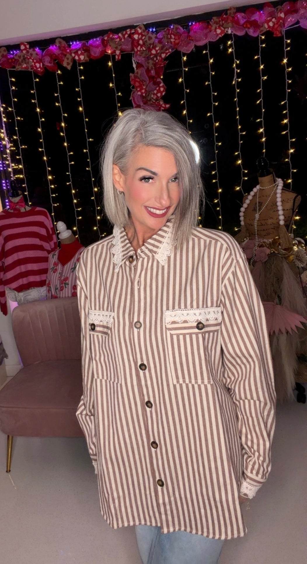 Vintage Lace Trim Striped Cotton SShirt