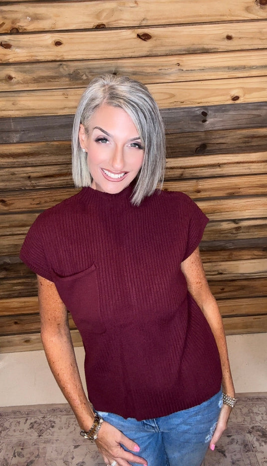 Burgundy Patch Pocket Ribbed Short Sleeve Sweater