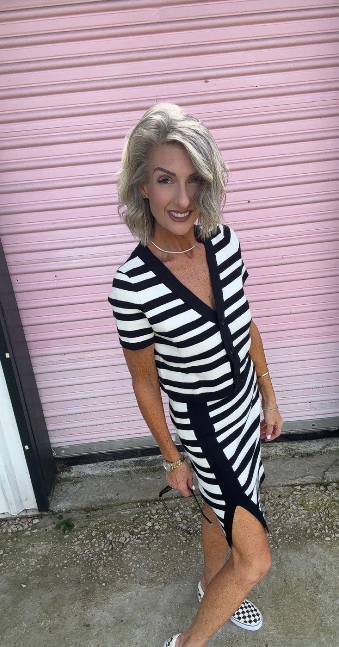 Black/White Striped Buttons Front Knit and Skirt Set