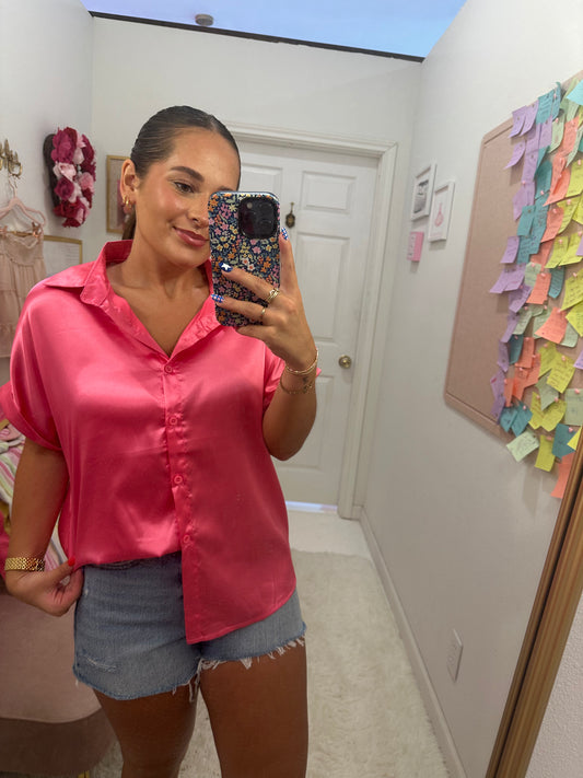 Button Down Silky Satin Short Sleeve Top