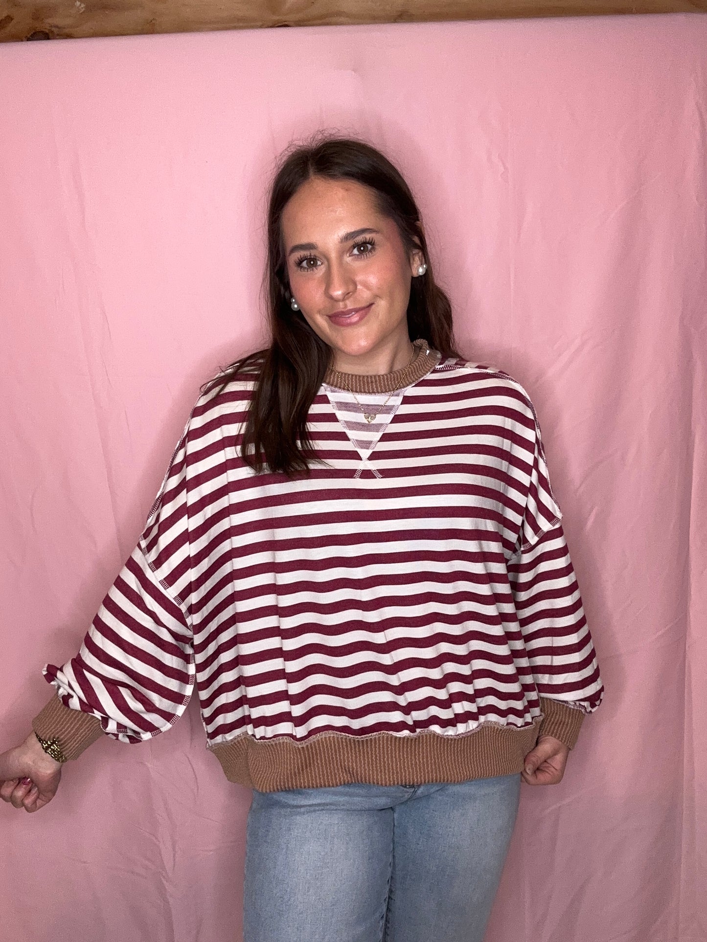 Crew Neck Loose Fit Stripe Pullover Knit Top
