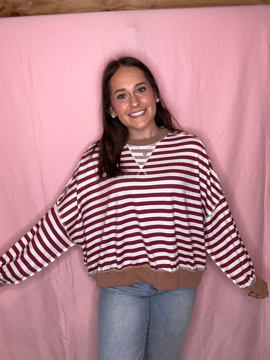 Crew Neck Loose Fit Stripe Pullover Knit Top