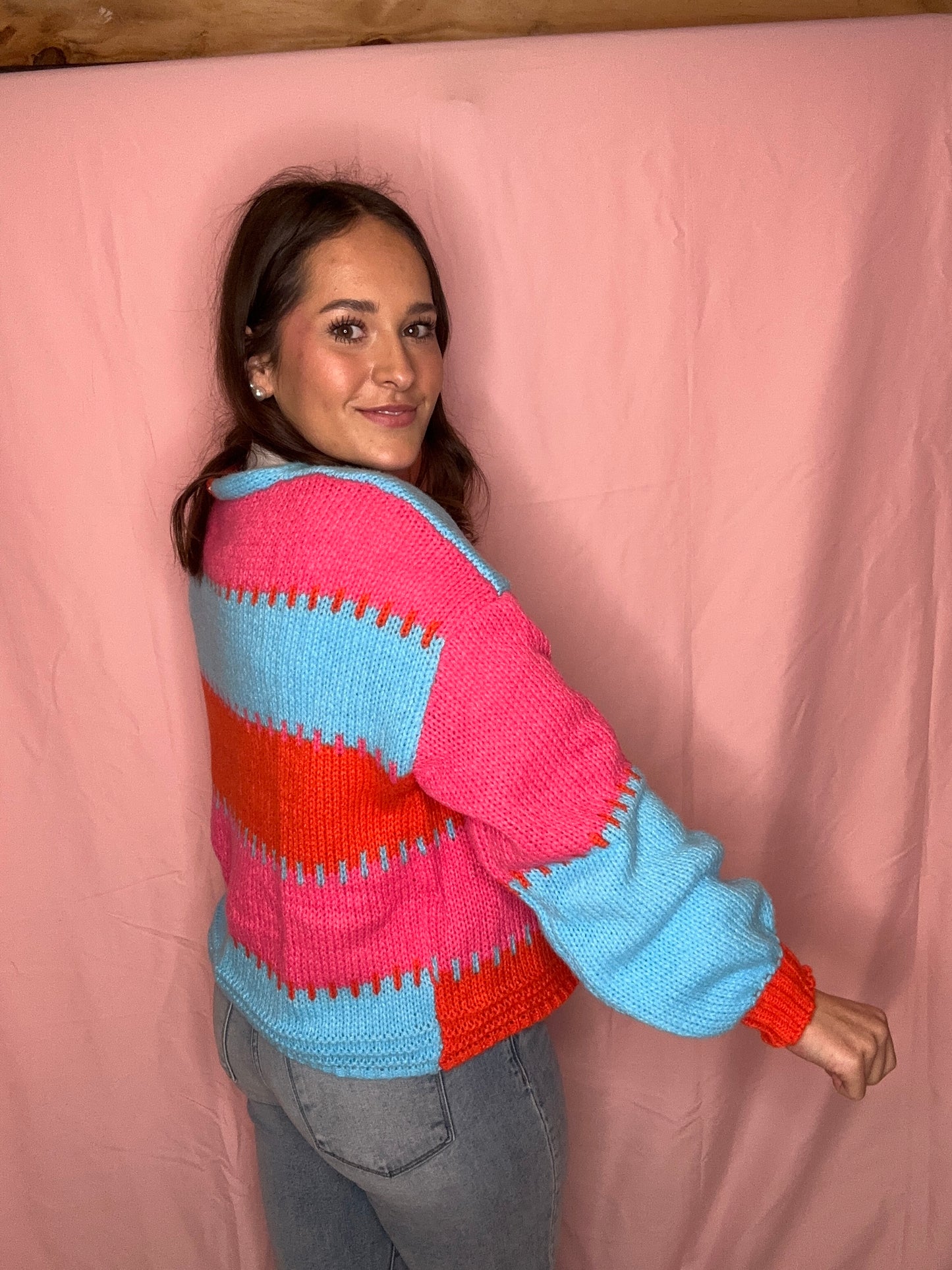 Contrast Color Lantern Sleeve Cardigan Sweater