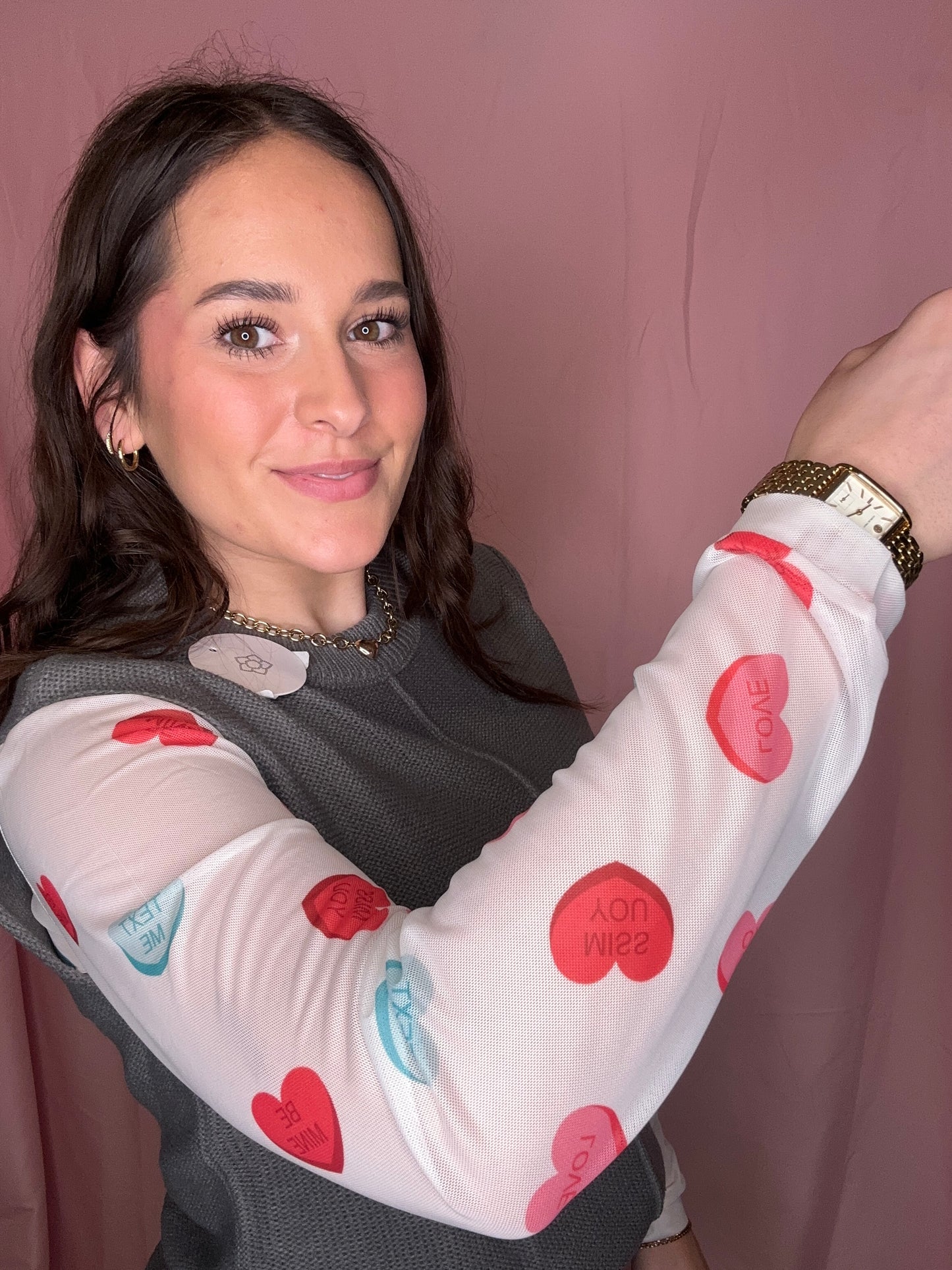 Sheer Mesh Valentines Heart Printed Long Sleeve Top (S-XL)