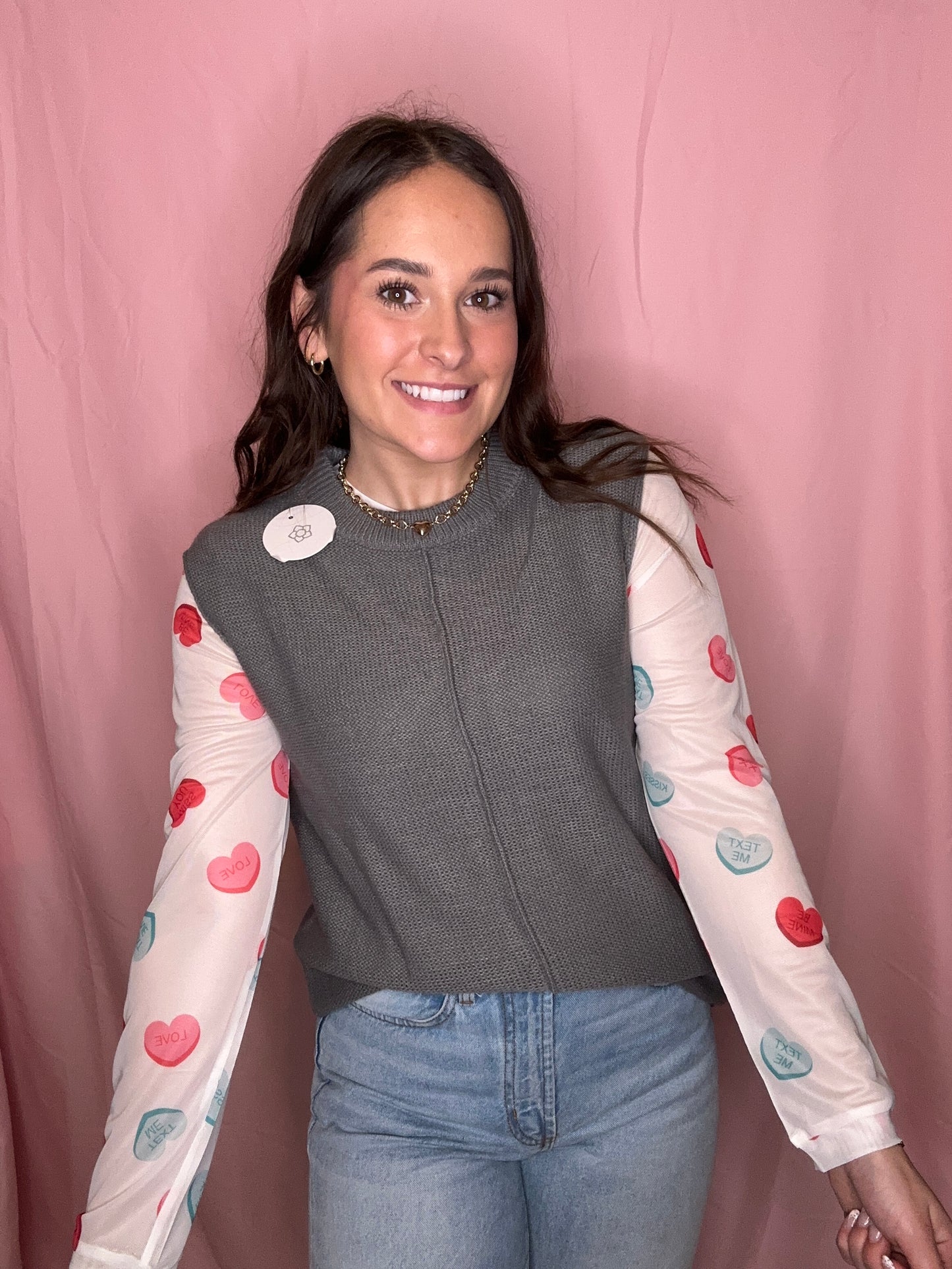 Sheer Mesh Valentines Heart Printed Long Sleeve Top (S-XL)