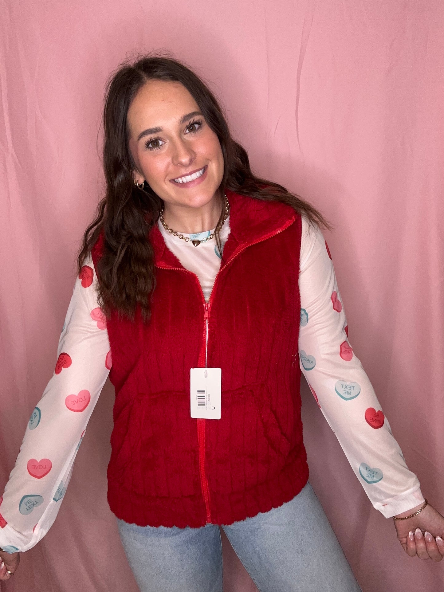 Sheer Mesh Valentines Heart Printed Long Sleeve Top (S-XL)