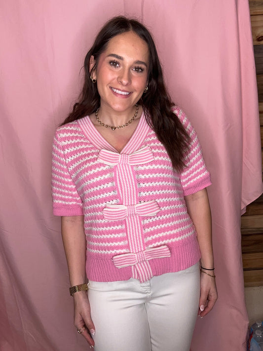 Valentines Stripe Knit Contrast Trim Bow Knot Sweater (S-XL)