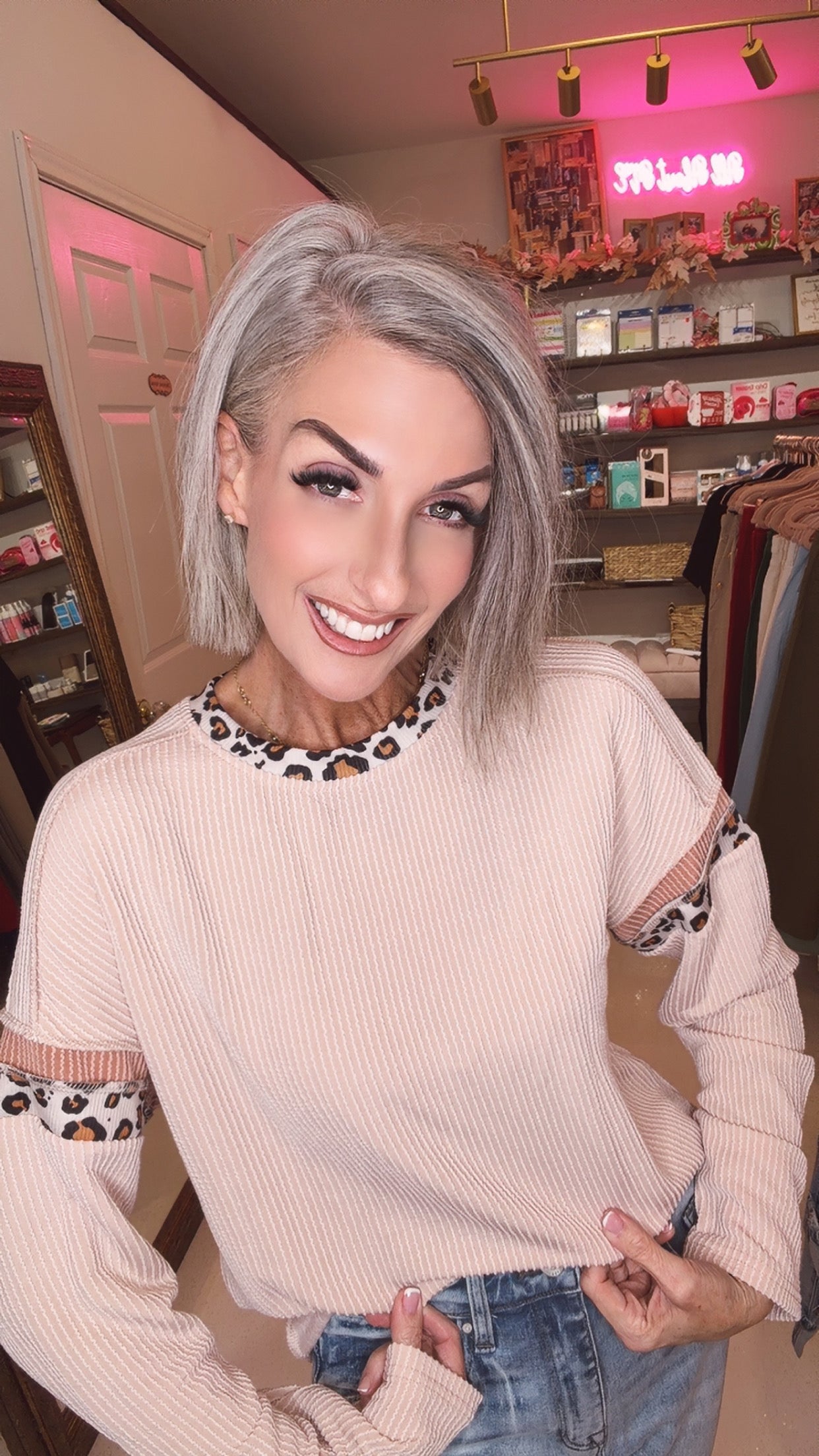 Leopard Color Block Detail Drop Shoulder Long Sleeve Top