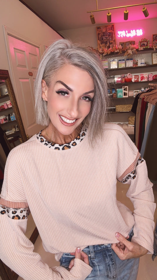 Leopard Color Block Detail Drop Shoulder Long Sleeve Top
