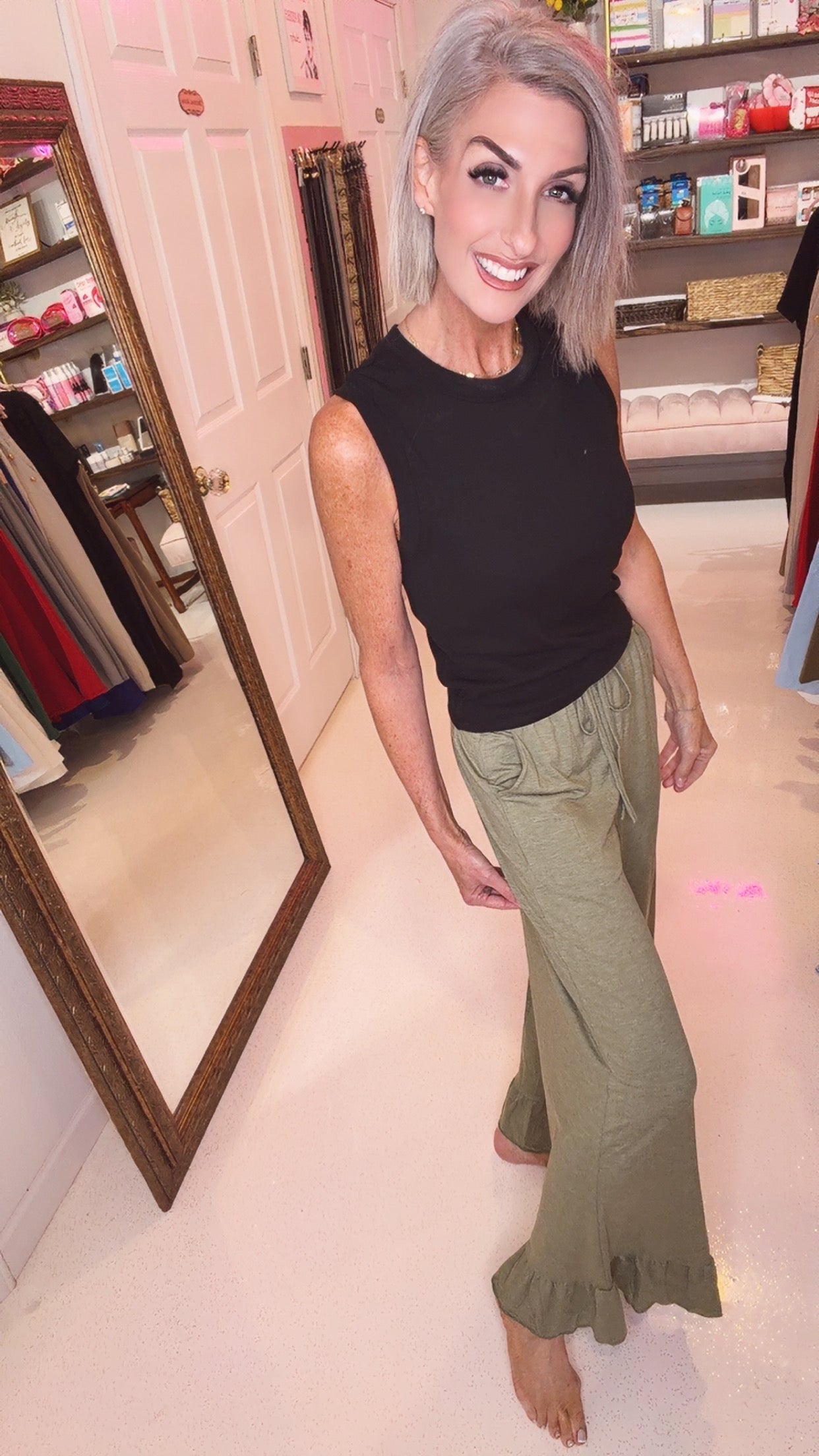 Ruffled Wide Leg Pull On High Waist Pants