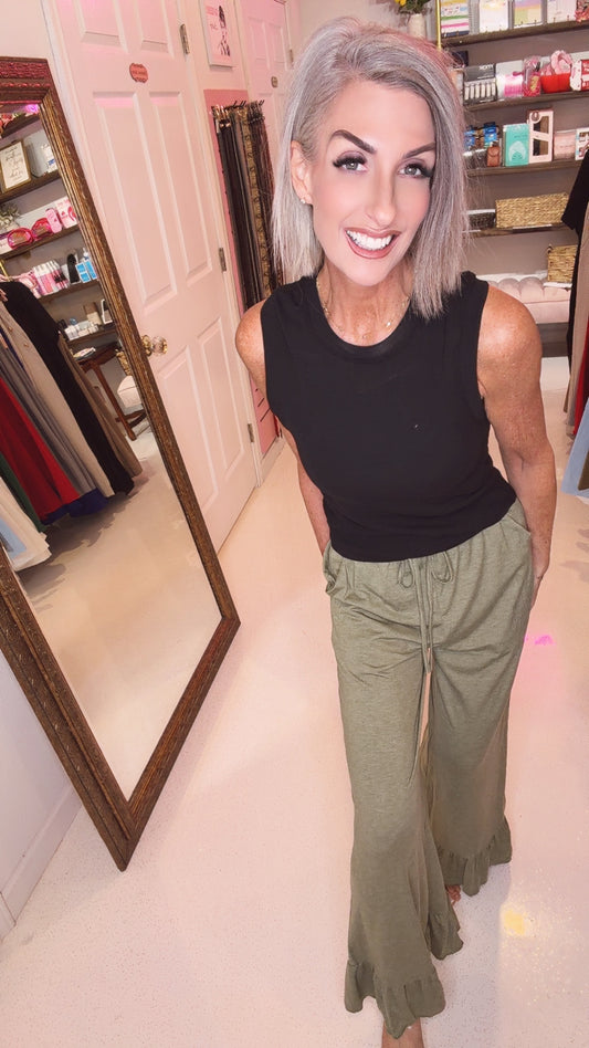 Ruffled Wide Leg Pull On High Waist Pants