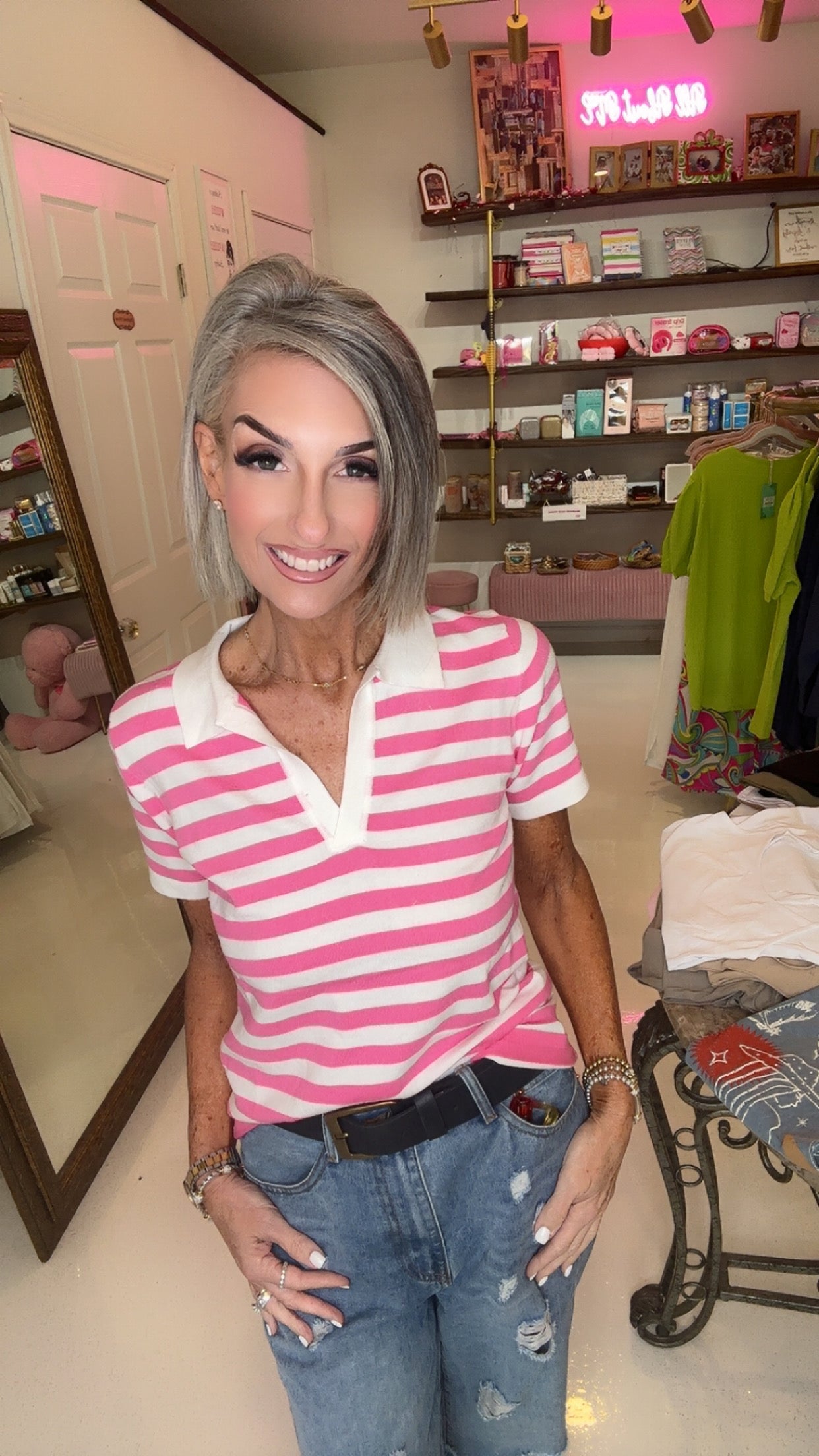 Collar Neck Short Sleeve Stripe Knitted Polo Top VT81440