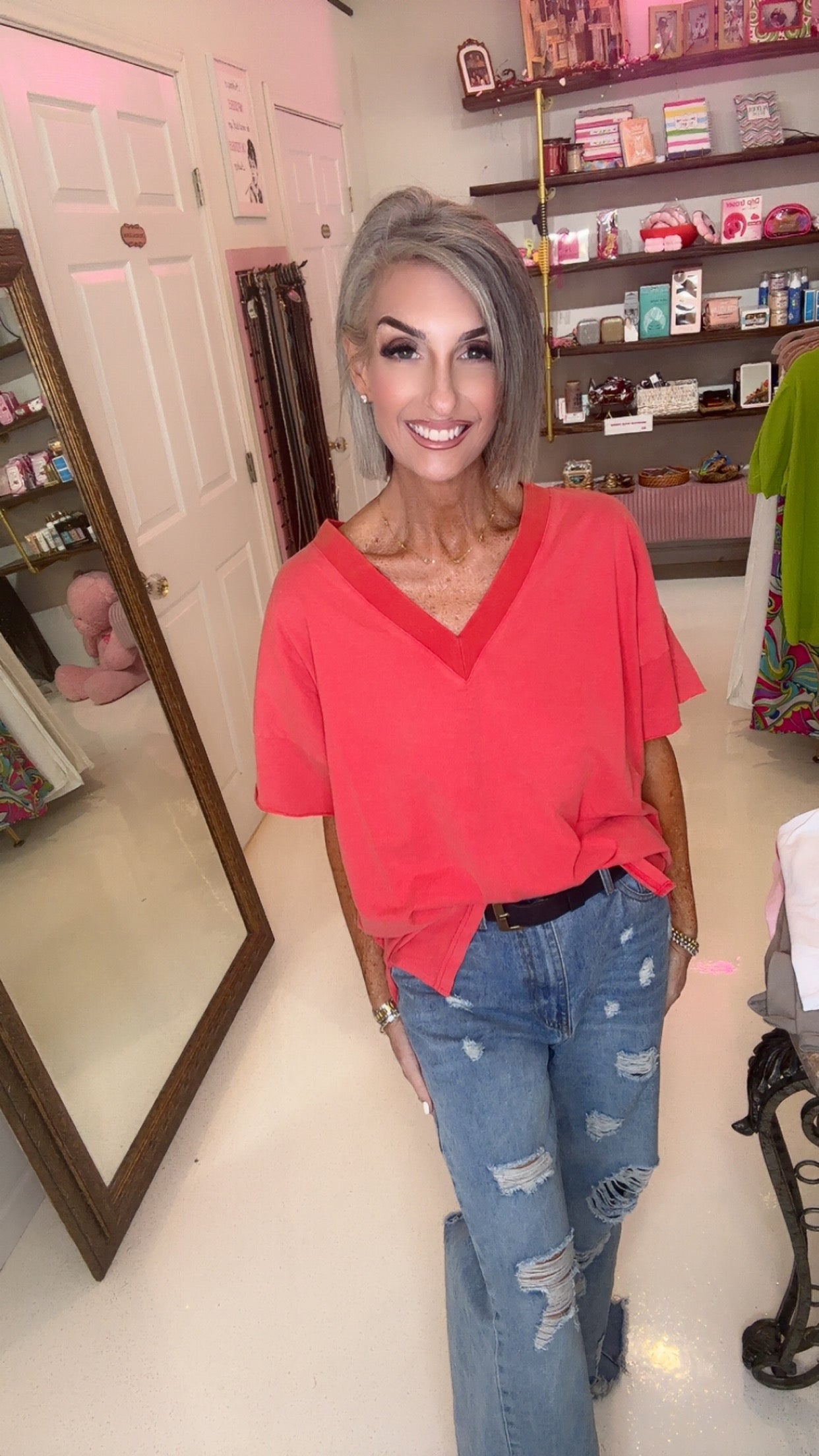 Mineral Washed Boxy Deep V-Neck Short Sleeve Top