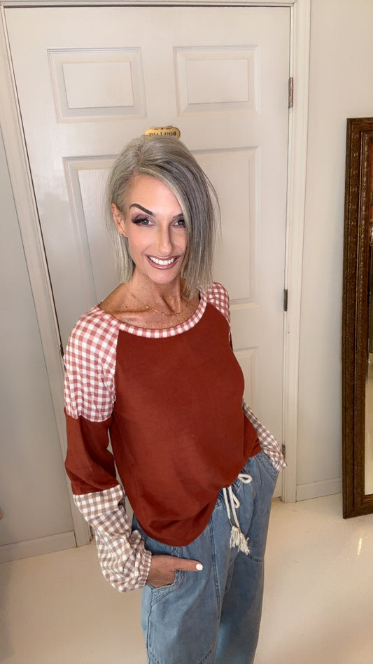 PLAID COLOR BLOCK PUFF SLEEVE
