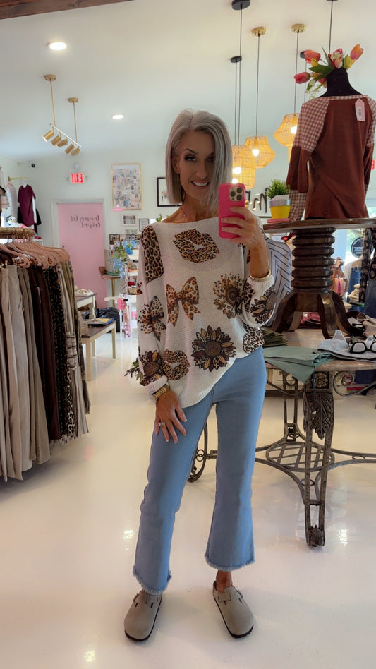 POAN White Animal Round  Knit Printed Sweater LOOWIE