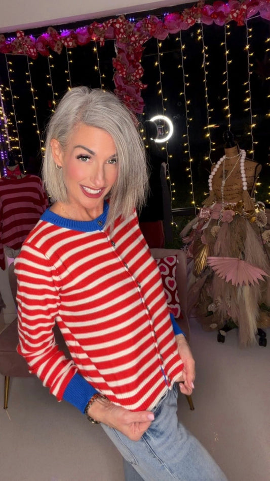 Striped Knit Cropped Button-Up Cardigan