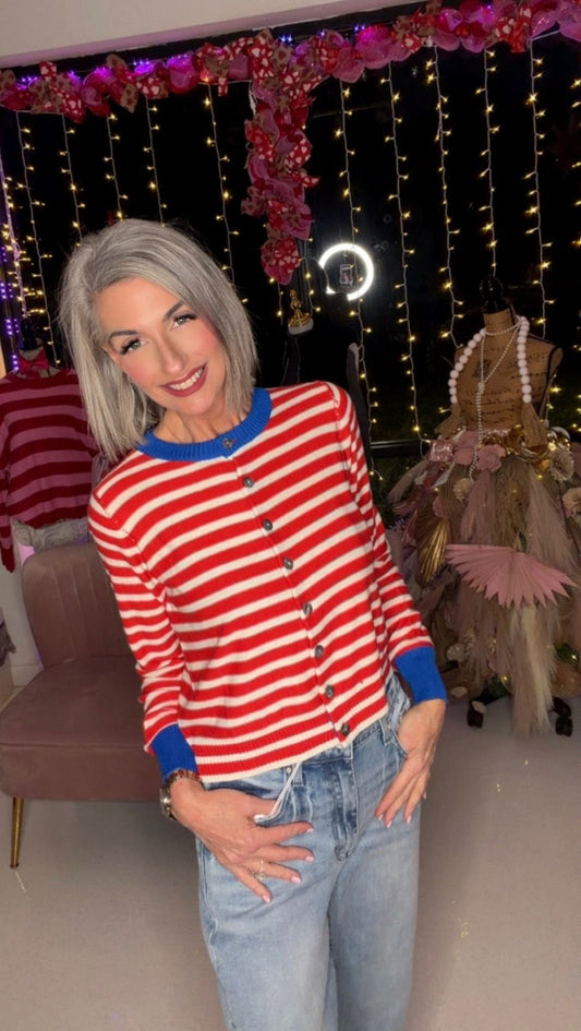 Striped Knit Cropped Button-Up Cardigan