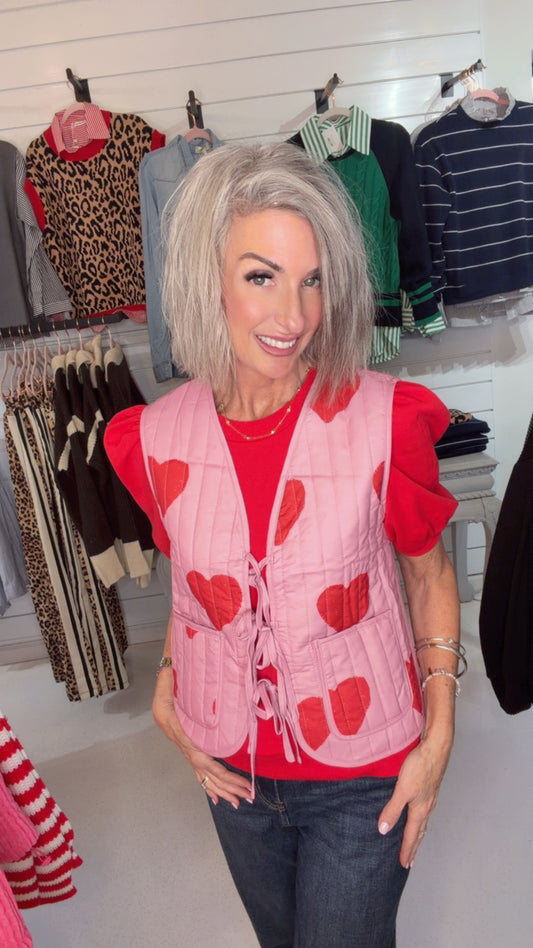 QUILTED HEART VALENTINE PRINT BOW ACCENT VEST JACKET