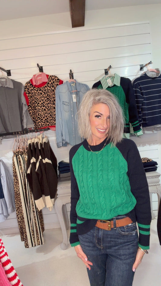 Cable Knit Stripe Trim Raglan Sweater (1)