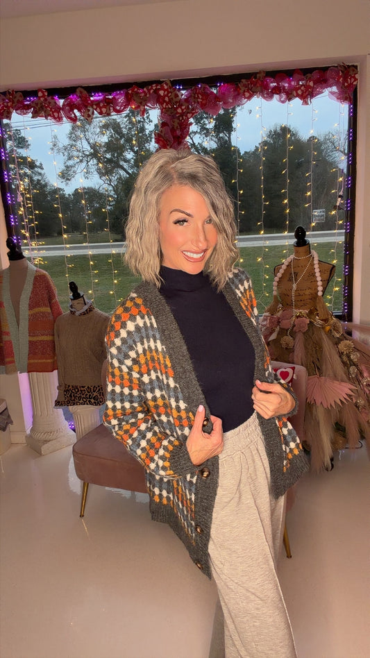 Fashion-W Dotty Pattern Knit Button Front Sweater Cardigan