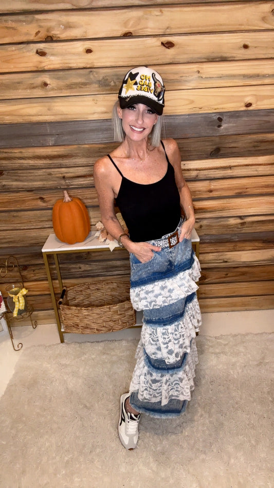 Denim and Lace Maxi Skirt