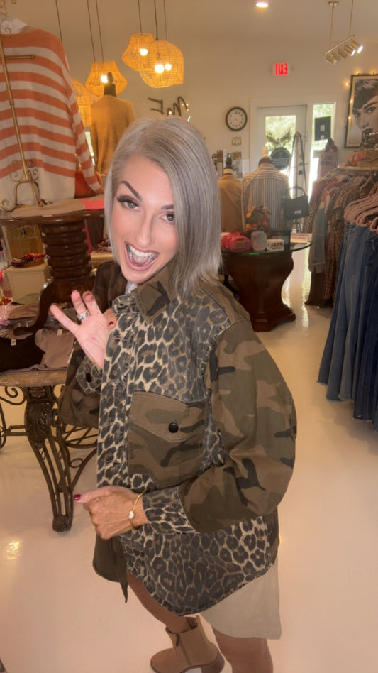 Mix Media Camo Leopard Snap Jacket
