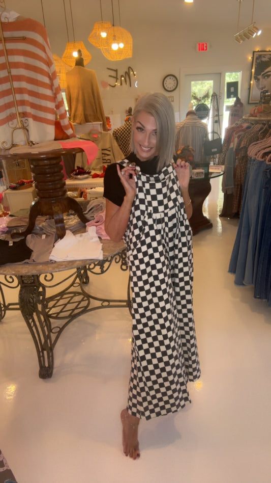 CHECKERED WIDE LEG OVERALLS