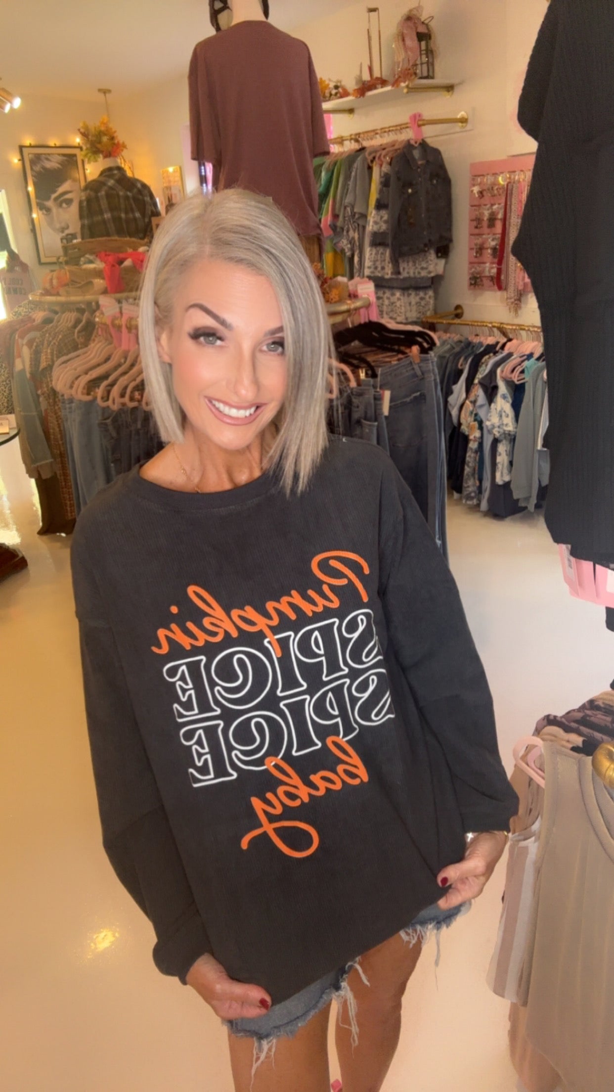 Dark Grey Halloween Pumpkin Spice Baby Graphic Textured Sweatshirt