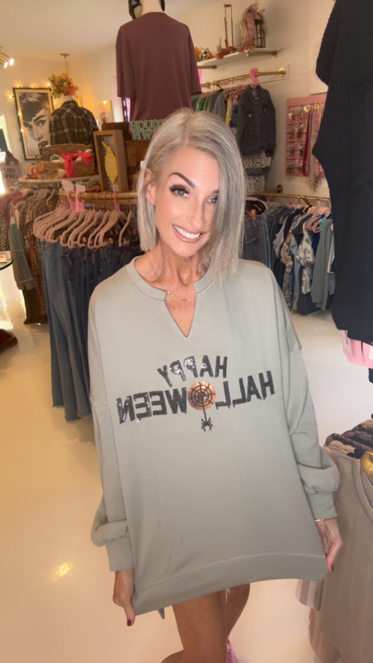 Medium Grey Sequin Happy Halloween Graphic Notched Neck Long Sleeve Loose Top
