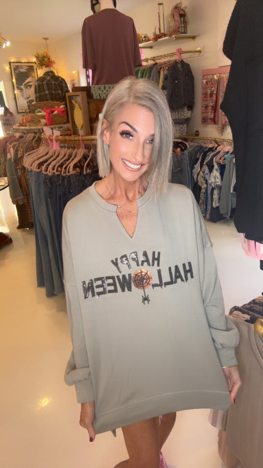 Medium Grey Sequin Happy Halloween Graphic Notched Neck Long Sleeve Loose Top