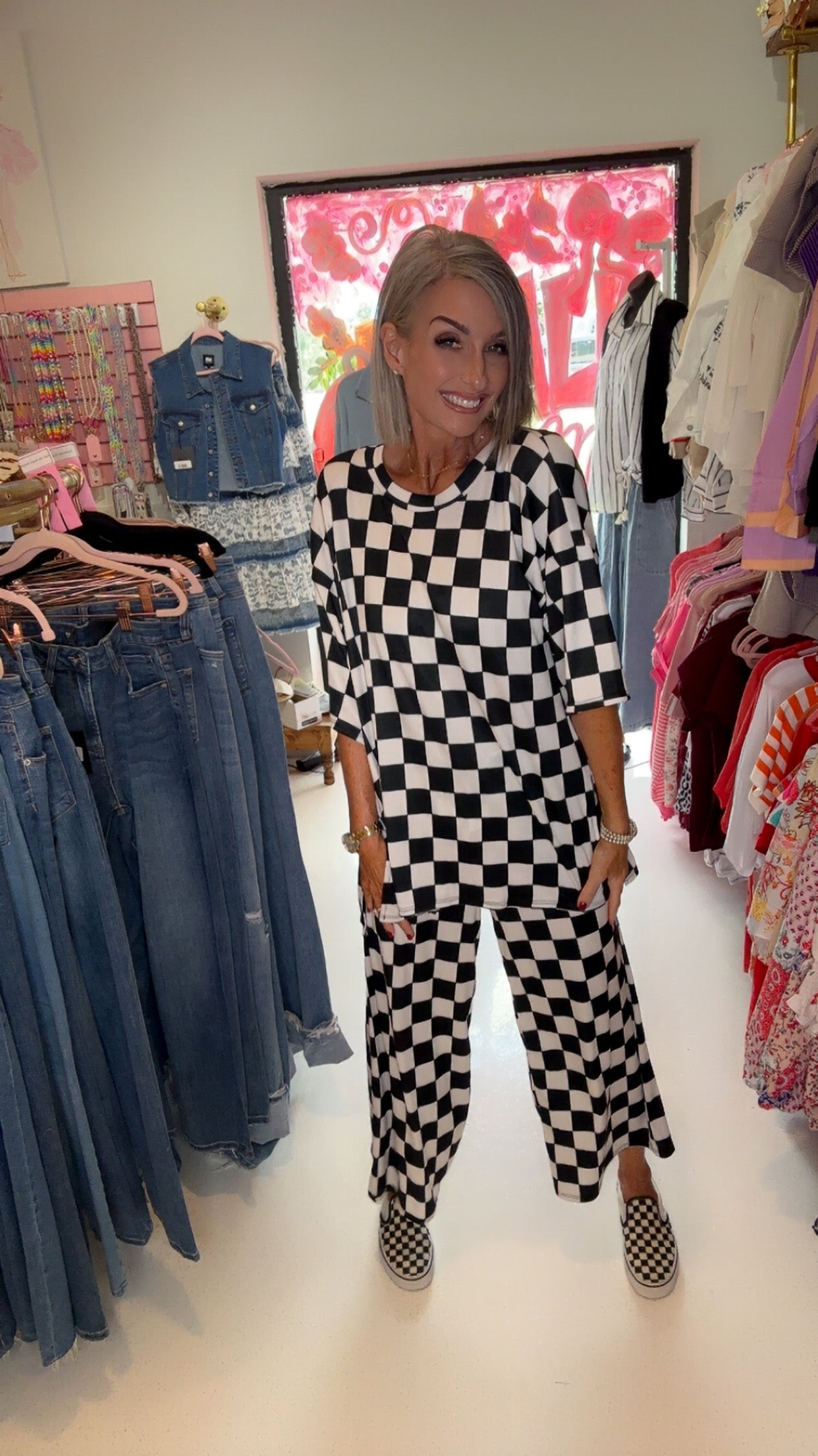 Ribbed checkered print top/ pant set