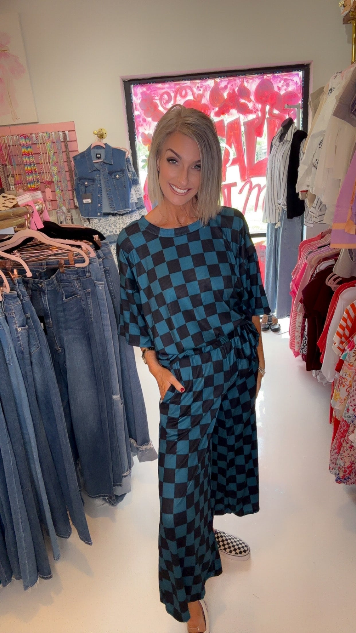 Ribbed checkered print top/ pant set