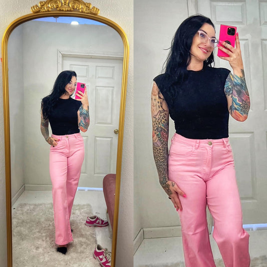 Light Pink High Waisted Stretchy Wide Legs Jeans