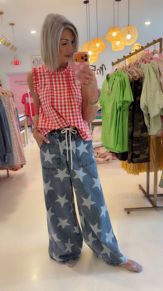 Star Print Drawstring Wide Leg Denim Pants