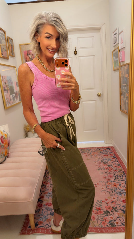 -Cropped Barrel Leg Balloon Pants with Contrast Sew