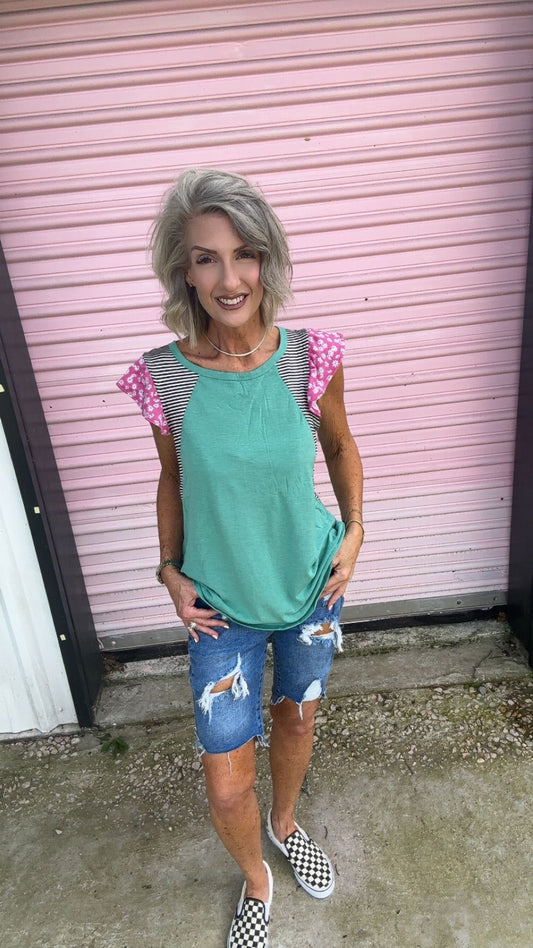 Solid Casual Top with Striped Contrast