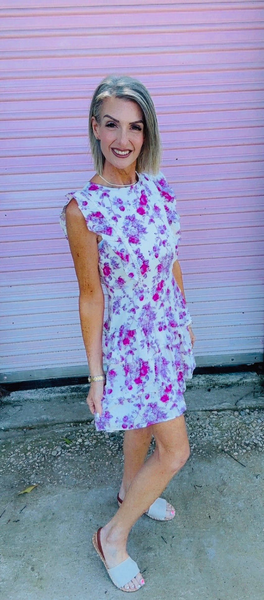 Floral Print Lace Insert Ruffle Detail Dress