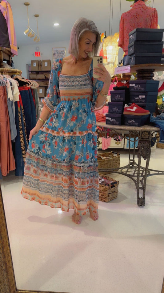 BOHO RUFFLE SMOCKED BODICE SHORT PUFF SLEEVE DRESS