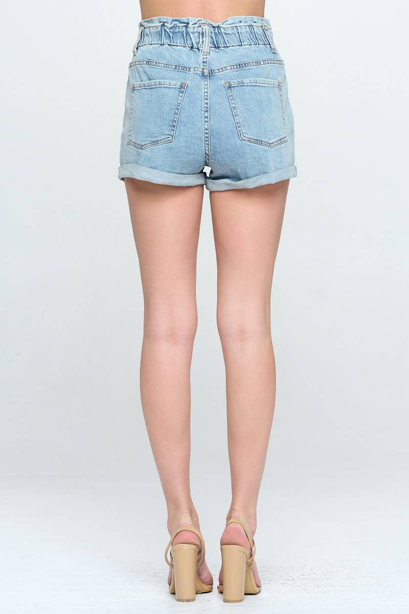 Light Wash - Wide Waist Cuffed Hem Denim Shorts