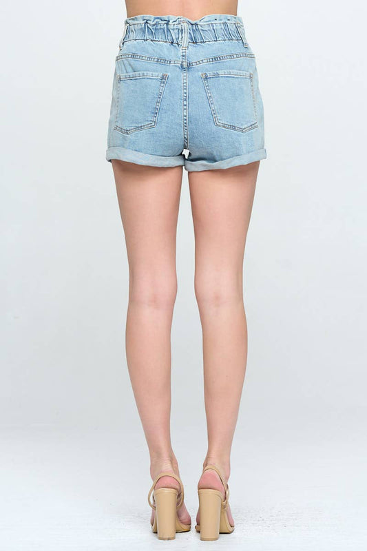 Light Wash - Wide Waist Cuffed Hem Denim Shorts