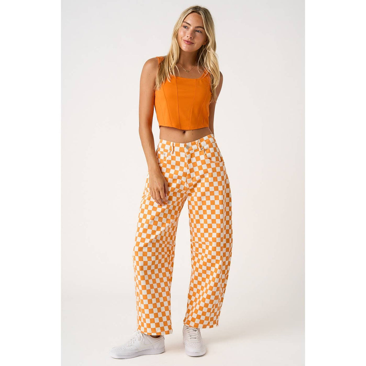 GAME DAY CHECKERED ELASTIC WAIST BARREL PANTS