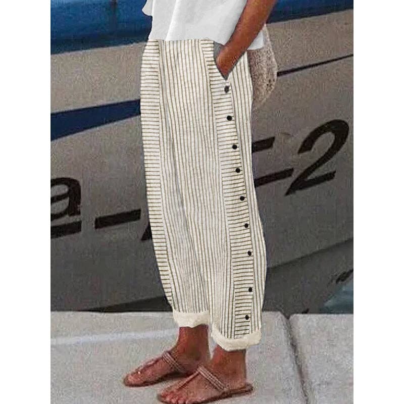 Loose Buttoned Pockets Striped Pants Trousers
