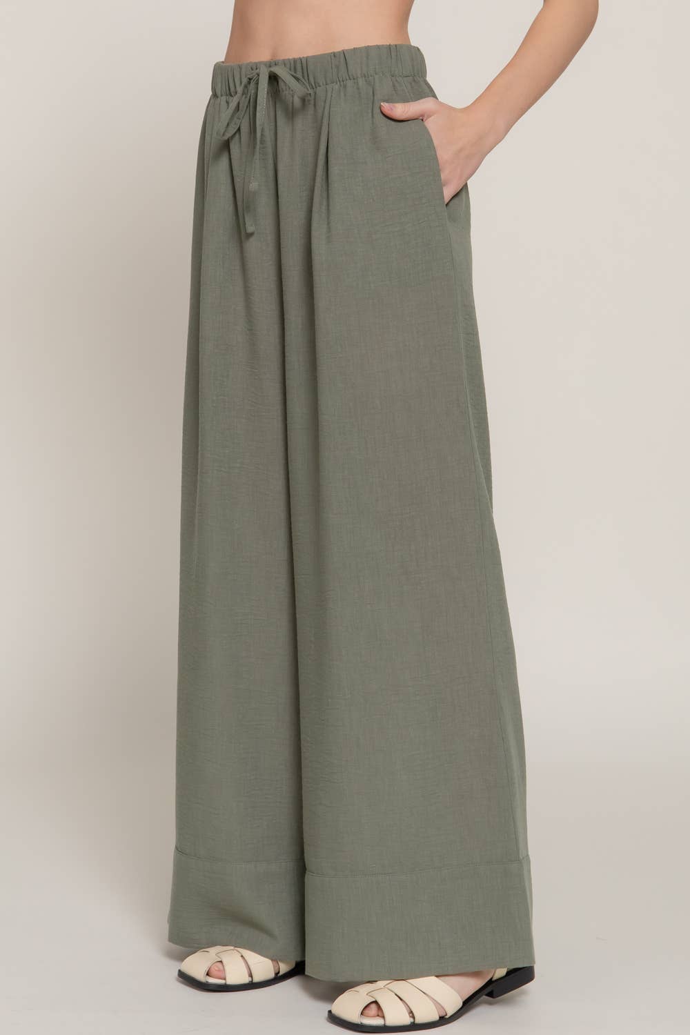 Waist Band With String Linen Effect Palazzo Pants