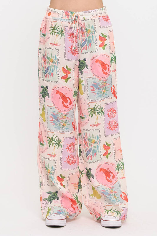 COASTAL VACATION PRINT WIDE-LEG PANTS