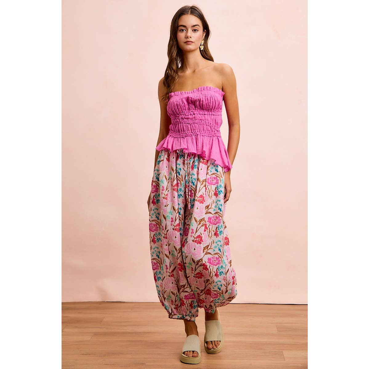 FLOWER PRINTED ELASTIC WAIST BALLOON PANTS
