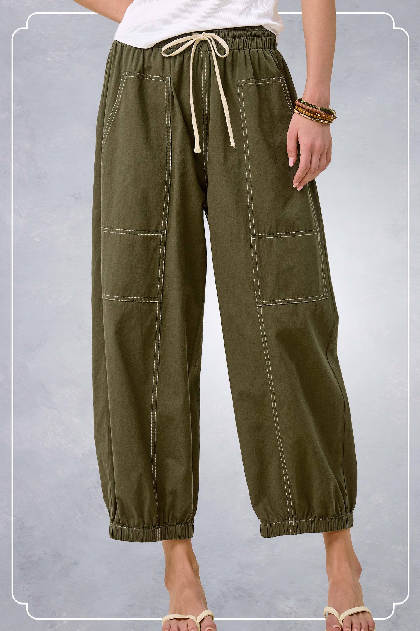 -Cropped Barrel Leg Balloon Pants with Contrast Sew