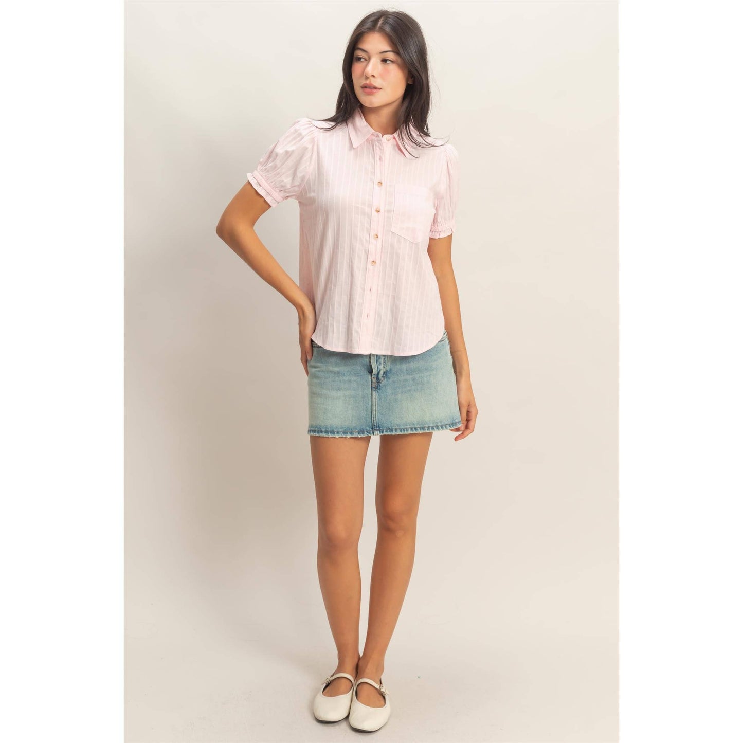 Button-Up Puff Short Sleeve Shirt