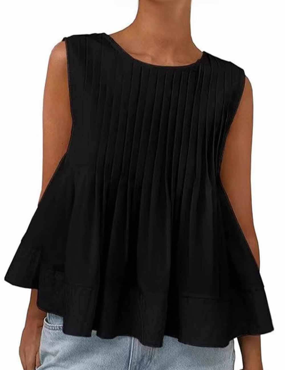 Ladies Solid Color Pleated Sleeveless Tank Top